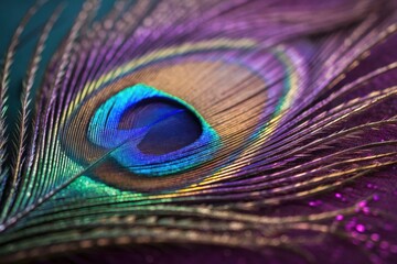 Obraz premium Closeup of a vibrant peacock feather with iridescent colors and intricate details