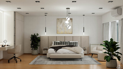 Interior design project in bedroom and private living room, with modern, minimalist and contemporary style