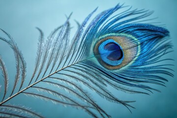 Fototapeta premium Elegant peacock feather with blue hues, showcasing its delicate structure and design