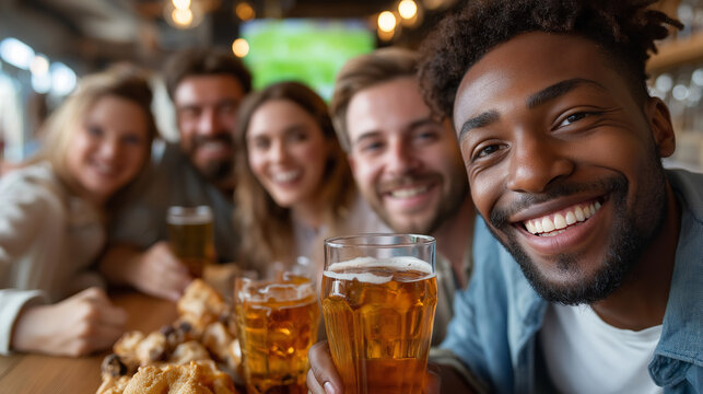 A cheerful group of diverse friends drinking beer and celebrating a team victory at a pub counter, diverse fans pub celebration, sports goal cheering, beer toast victory, joyful fr