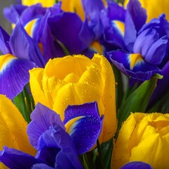 Vibrant bouquet of yellow tulips and purple irises