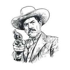 Classic western outlaw pointing revolver in vintage style. Vector black icon