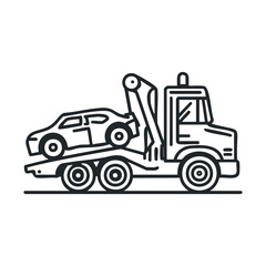 Naklejka premium Towing service with a truck transporting a vehicle in action. Vector black icon