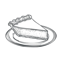 Homemade pie slice on a decorative plate ready for dessert. Vector black icon