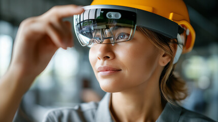 Asian female civil engineer using an AR headset to analyze a virtual construction plan in a high-tech office, Japanese architect AR technology, digital building hologram, Asian eng