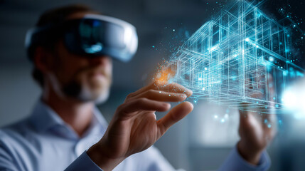 A Japanese civil engineer in an AR headset interacting with a digital hologram of a building’s interior in an office, Japanese architect virtual reality, AR construction plan, Asia