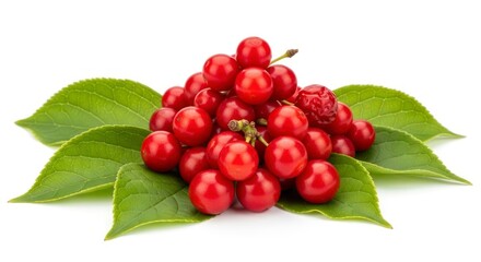 Lustrous Red Bird Cherries Piled on a Symmetrical Bed of Fresh Green Leaves.