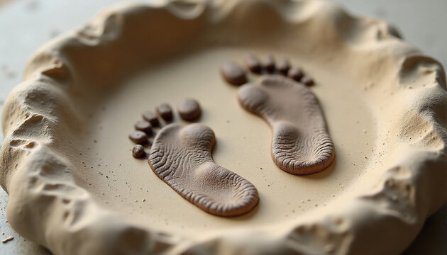 Handcrafted clay impression with baby footprints in soft beige texture. Unique clay art includes detailed tiny feet, capturing memorable moments. Ideal for keepsakes or nursery decor projects.