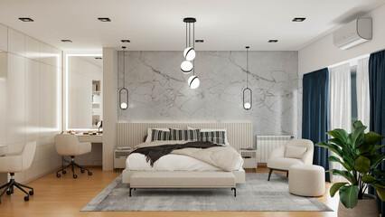 Interior design project in bedroom and private living room, with modern, minimalist and contemporary style