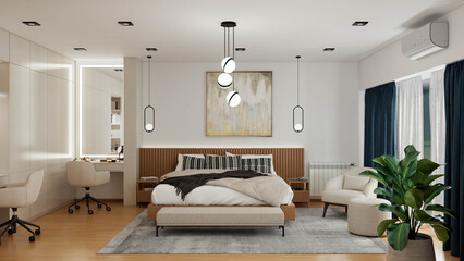 Interior design project in bedroom and private living room, with modern, minimalist and contemporary style