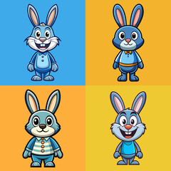 Fototapeta premium Four adorable cartoon rabbits with big ears and friendly smiles standing in different poses against colorful backgrounds