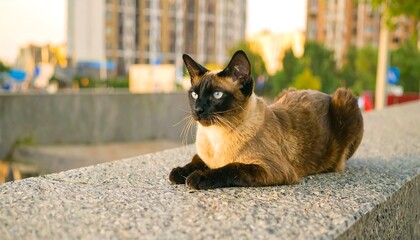 Siamese cat sits on low concrete wall; buildings visible in blurry background