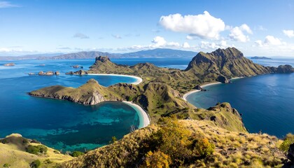Idyllic island landscape with azure waters and rugged hills under a bright, sunny sky