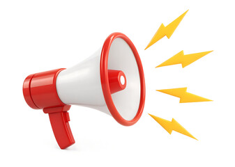 A red and white megaphone with yellow lightning bolts emanating from it on a plain white background