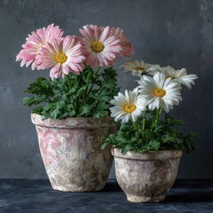 Two terracotta pots, filled with pink and white daisies, sit against a muted gray backdrop, showcasing a serene and elegant floral arrangement.