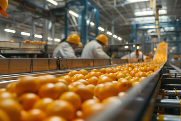 Workers sorting fresh oranges on conveyor belts inside modern fruit processing plant