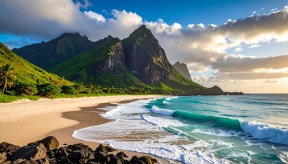 Naklejka premium Tropical beach with dramatic mountains