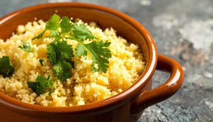 Couscous in a brown bowl with cilantro garnish, on a speckled gray surface
