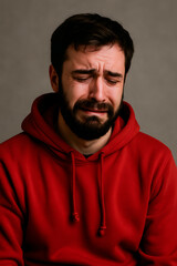 sad brunette men in red sweatshirt. realistic photo of grief, depression, nervousness, tragic