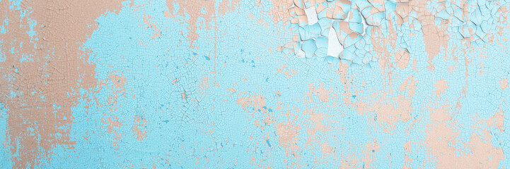 Peeling paint on the wall. Old concrete wall with cracked flaking paint. Weathered rough painted surface with patterns of cracks and peeling. Grunge texture for background and design. High resolution.
