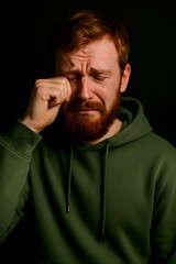 sad red haired men in green sweatshirt. realistic photo of grief, depression, nervousness, tragic