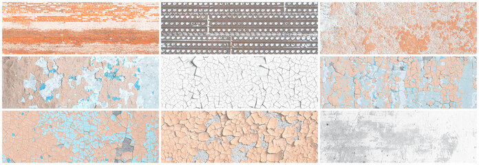 Set of panoramic background textures. Collection of wide textures with peeling paint, cracks, rust,...