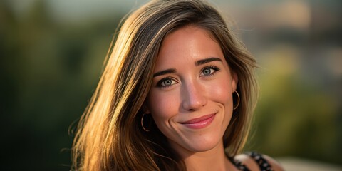 Fototapeta premium Portrait of a Smiling Young Woman with Natural Light and Soft Background