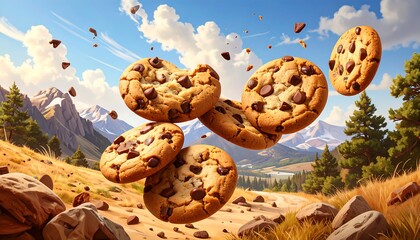 Chocolate chip cookies flying through a scenic landscape