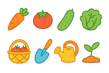 Colorful garden icons: vegetables and tools on gradient background