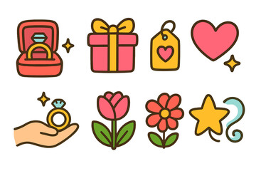 Charming outline icons: hearts, flowers, gifts, jewelry, and more