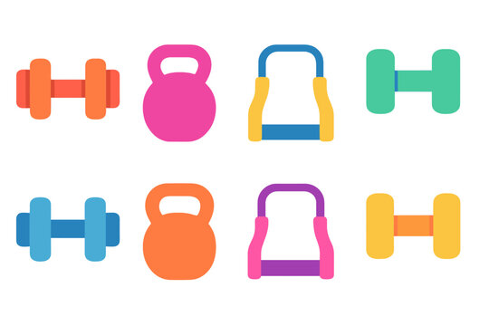 Colorful neon fitness equipment on gradient background, vivid glowing gym icons