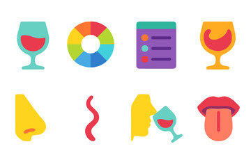 Neon-themed sensorial icons featuring wine and tasting elements