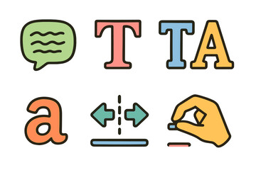 Colorful text and communication icons in hand-drawn style