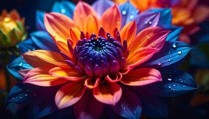 Vibrant dahlia with dew drops