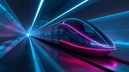 Fototapeta premium Futuristic High-Speed Train in Neon-Lit Tunnel – 3D Illustration
