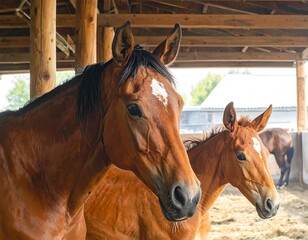 Fototapeta premium Equine Companionship Under Rustic Shelter