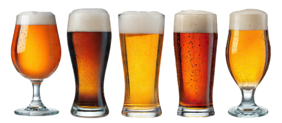 Set of various beer glasses with foam and condensation, isolated on transparent cutout background