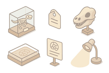 Fossil Museum Display. Isometric vector illustration set Museum fossil collection: display case with skeleton, fossil label tag,