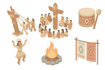 Totem Pole Ceremony. Isometric vector illustration set Totem pole raising ceremony: ropes pulling pole upright, community