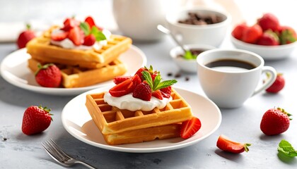 Golden waffles adorned with whipped cream, fresh strawberries, and mint on plates