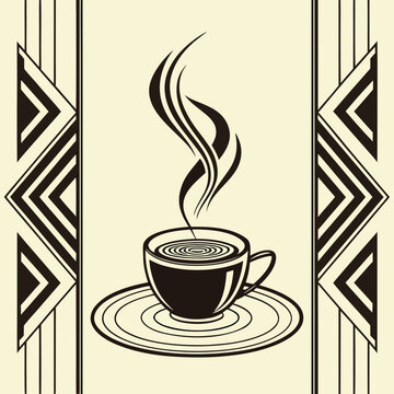 Invigorating hot coffee cup with elegant steam rising, set against a sophisticated art deco border, perfect for cafe branding and cozy moments.