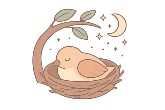 Nighttime Bird Nest. Isometric vector illustration set roost nighttime sleep shelter: bird tucked inside nest, protective branch