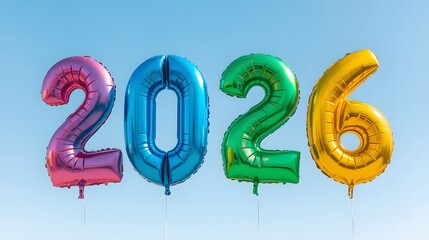 2026 Balloon Celebration – Metallic Number Balloons with Colorful Cluster and Blue Sky