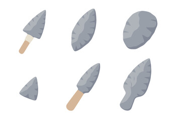 Ancient Obsidian Tools. Isometric vector illustration set Ancient obsidian tools: arrowhead spear tip, obsidian dagger blade,