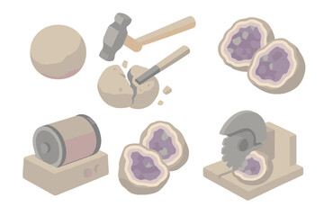 Geode Slice Splendor. Isometric vector illustration set Geode cracking process: geode intact round form, hammer and chisel