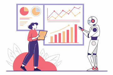 Obraz premium Data analysis set. Collection of characters using artificial intelligence generative tools to analyze, collecting, managing datasets. Analytics concept. Vector illustration.