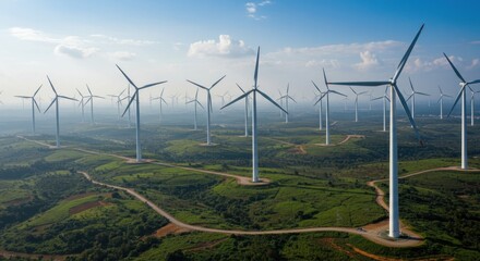 A vast wind farm with numerous turbines generating clean energy across a green landscape under a cloudy sky.