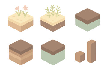 Peat Formation Process Icons. Isometric vector illustration set Peat formation process: plant material layer, sphagnum moss