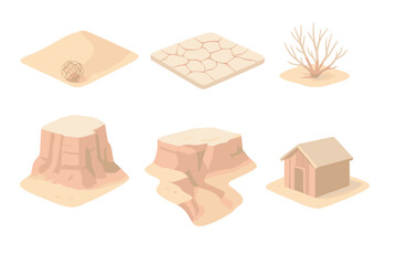 Arid Landscape Icons. Isometric vector illustration set Climate arid landscapes: desert dune with tumbleweed, cracked clay ground,