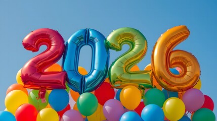 2026 Balloon Celebration – Metallic Number Balloons with Colorful Cluster and Blue Sky